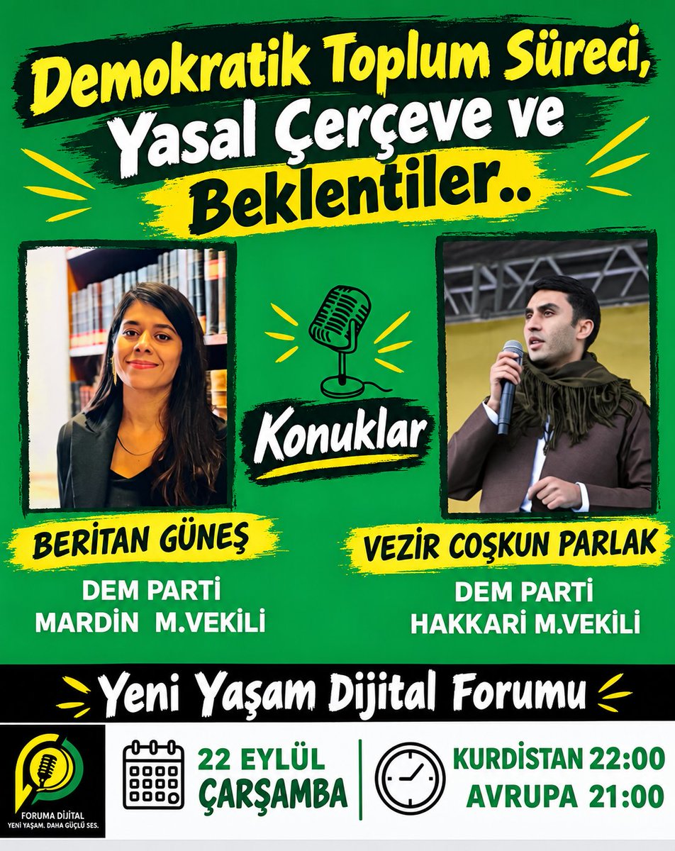 yeniyasamresmi_'s tweet photo. Yarın akşam Avrupa saati ile 21:00 Kurdistan saati ile 22:00 da Değerli konuklarımız @BeritanGns ve @vezirparlak ile birlikte Bakur ve Türkiye'de devam eden D.Toplum sürecini ele alacağız. Şimdiden paylaşım yaparsanız seviniriz https://t.co/eUGmA6pGpq