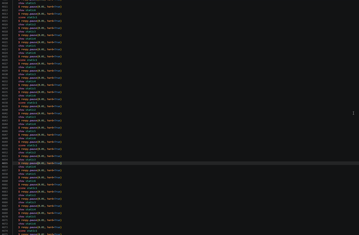 wisper___thirty's tweet photo. anybody better at renpy than me wanna talk me out of doing this. is this a horrible way of doing a static screen transition or will it be fine. IT WORKS IN THE TEST BUILD. Don't fucking yanderedev me I'll kill both of us https://t.co/kI5toYShzL