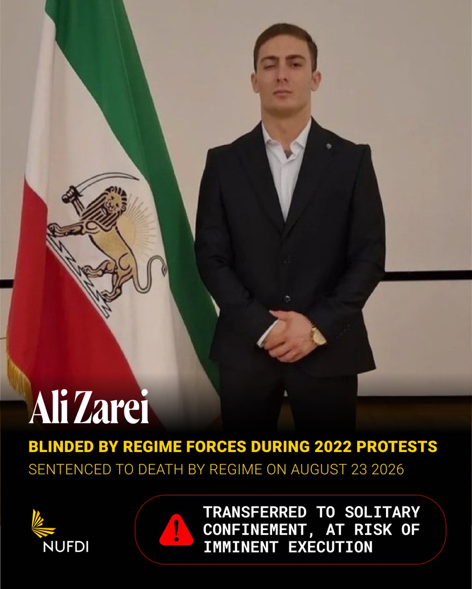 NUFDIran's tweet photo. Ali Zarei took to the streets alongside his countrymen in 2022 after the death of Mahsa Amini.

Regime forces shot him in the eye, leaving him blinded. He left the country, but later returned. Upon his return, he was sentenced to death.

Yesterday, he was transferred to solitary confinement. His death sentence may be carried out at any moment. 

Say Ali's name, and share his story. His life is in imminent danger.