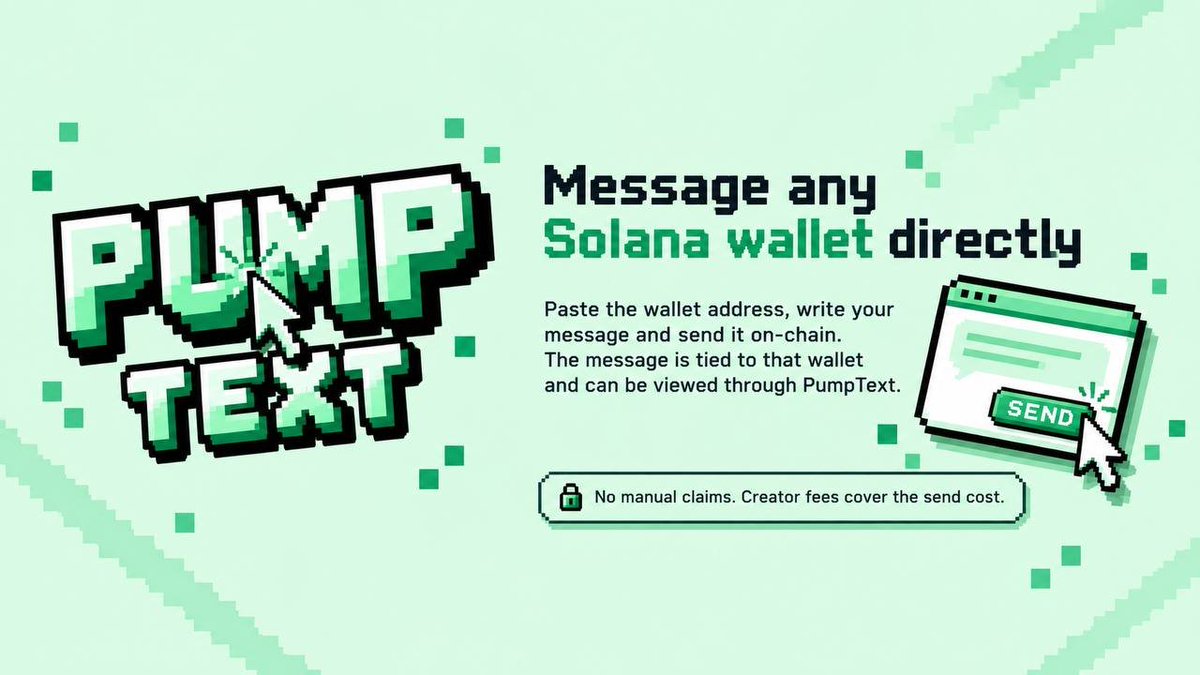 pumptext's tweet photo. PumpText lets you send a message directly to any Solana wallet.

Paste the wallet address, type your message and send it on chain. The message is tied to that wallet and can be viewed through PumpText.

You pay 0 transactions fees to send messages the PumpText vault covers the network fees.