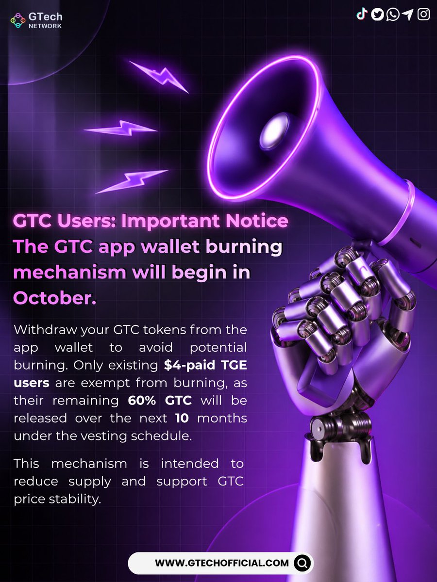 gtechnetwork's tweet photo. 📢 The GTC App Wallet Burning Mechanism will begin in October.
Users are advised to withdraw their all GTC tokens from the GTC app wallet to avoid potential burning of their GTC tokens. 
Existing $4 paid TGE users remain exempt, with their remaining 60% GTC released according to the vesting schedule of 10 Month.