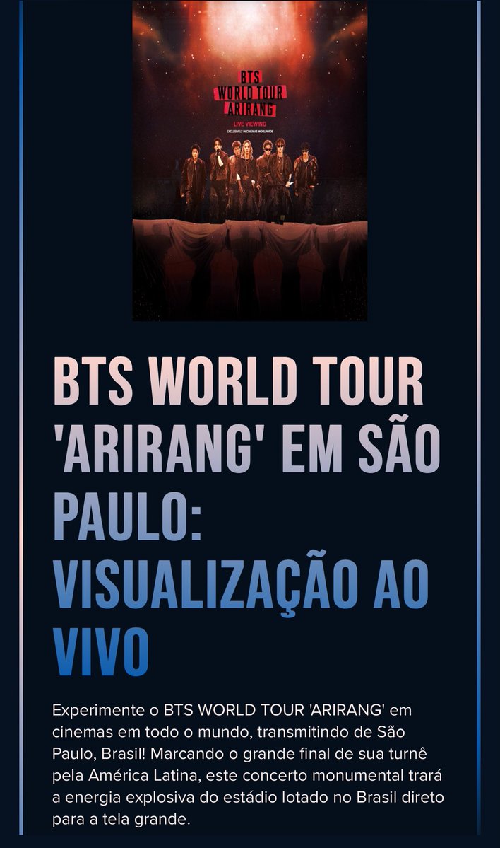 BTSProjectBR's tweet photo. “Experimente o BTS WORLD TOUR 'ARIRANG' em cinemas em todo o mundo, transmitindo de São Paulo, Brasil! Marcando o grande final de sua turnê pela América Latina, este concerto monumental trará a energia explosiva do estádio lotado no Brasil direto para a tela grande.” https://t.co/ZWyDJCMAMH