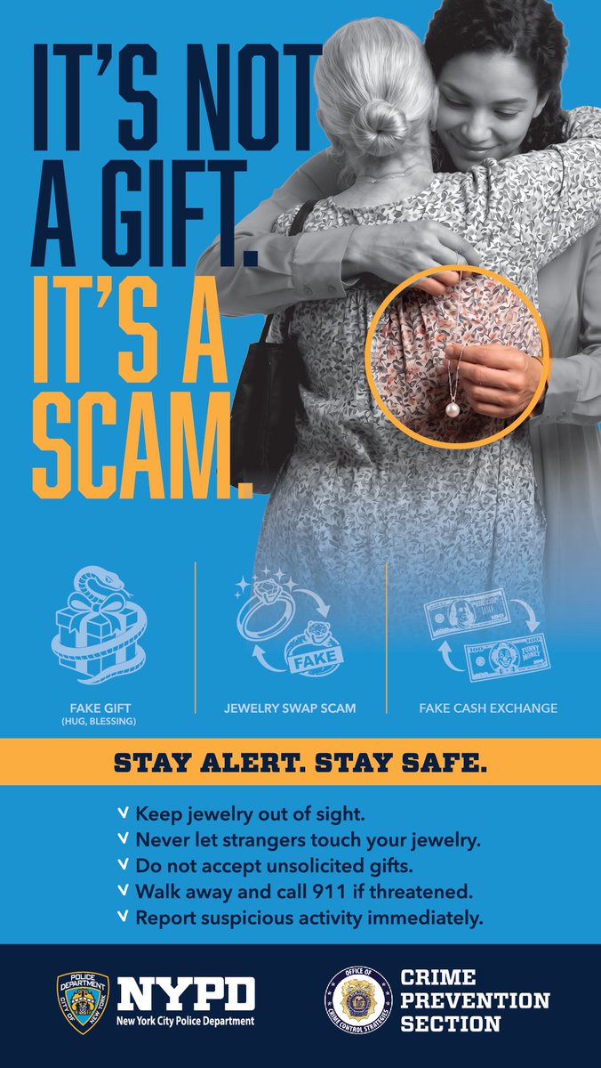 NYPD122Pct's tweet photo. Jewelry scams can happen anywhere at any time.
Always stay vigilant &amp; protect yourself. Keep jewelry out of sight, never allow strangers to touch your jewelry and do not accept unsolicited gifts. If you feel threatened, walk away and immediately call 911. Stay alert. Stay safe. https://t.co/kJdyJRFAME