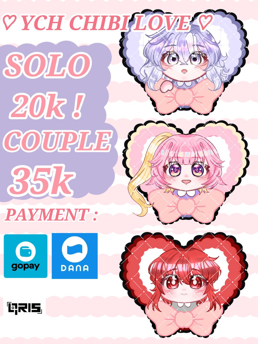 winiithe_'s tweet photo. 🐾 OPEN YCH CHIBI ! 🐾

YCH chibi couple yang lucu dan bisa dijadikan merch/keychain juga! ✨

💌 Price &amp; details ada di gambar
💳 Payment: QRIS (DANA) &amp; GoPay
📩 DM me if interested!

RTs &amp; likes are 
Thank you for supporting my art! 💜

#ych #comission  #zonauangㅤ #artmoots https://t.co/KnpW6DKQml