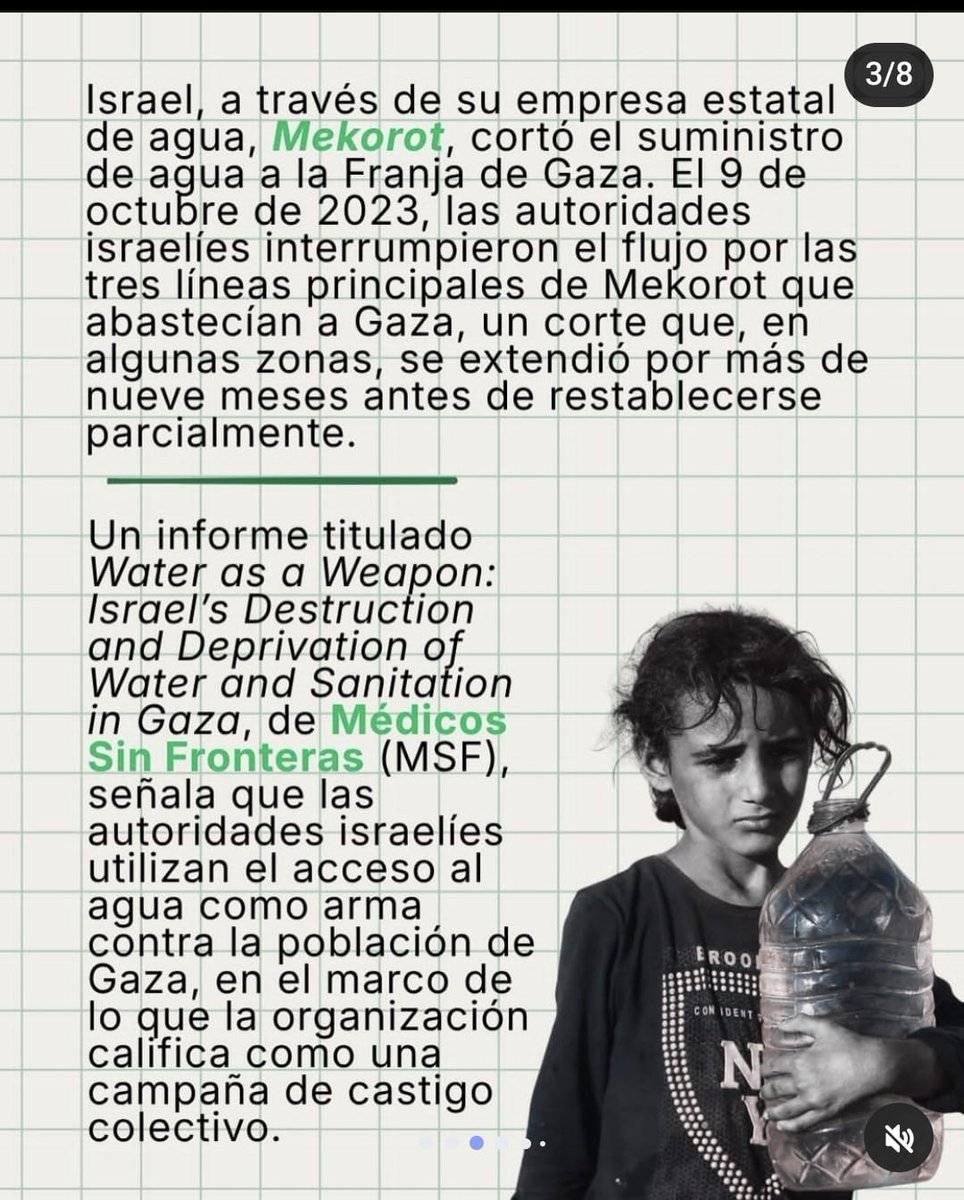 RuraliaUrbana's tweet photo. EL APARTHEID DEL AGUA DESEMBARCA EN COLOMBIA...
DE LA ASFIXIA DE GAZA A LA PRIVATIZACIÓN HÍDRICA EN "LA PATRIA MILAGRO" ??
(Primera parte)

@mekorot_il , la corporación israelí denunciada por convertir el agua en un arma de guerra y su alarmante expansión geopolítica hacia la soberanía ambiental colombiana.

El antecedente Gaza...
Cuando el agua se transforma en arma de guerra !!
Fundada en 1937, la compañía estatal de agua de Israel, Mekorot, se ha consolidado como el pilar operativo del sistema hídrico de dicho país. Administra más de 13.000 kilómetros de tuberías, 23 plantas desalinizadoras, cientos de acuíferos y reservorios estratégicos, y provee aproximadamente el 80% del agua potable en Israel.   

Sin embargo, detrás de la fachada de "eficiencia técnica" y "vanguardia en desalinización", subyace una política donde el acceso al agua se instrumentaliza como un activo estratégico de control territorial, racionamiento y dominación política.  

El 9 de octubre/2023, en el marco del conflicto en la Franja de Gaza, las autoridades israelíes cortaron el flujo de agua a través de las 3 líneas principales de Mekorot que abastecían a la población palestina. Este bloqueo, que en amplias zonas se prolongó por más de 9 meses antes de restablecerse de forma parcial, fue documentado en el informe de Médicos Sin Fronteras (@MSF) titulado "Water as a Weapon: Israel's Destruction and Deprivation of Water and Sanitation in Gaza", el cual denunció abiertamente que la privación y destrucción de la infraestructura de agua y saneamiento constituyen una campaña deliberada de castigo colectivo y uso del agua como arma contra la población civil.   

Esta práctica no es reciente. Desde 1992, informes de la Organización de las Naciones Unidas (@ONU_es) sobre los "Recursos hídricos del territorio palestino ocupado" denunciaron a Mekorot por prácticas calificadas como "apartheid del agua", documentando el desvío sistematicamente ejercido sobre Cisjordania, de donde proviene aproximadamente la mitad del agua que consume Israel. 
  
(Pantallazos referenciales sacados de publicaciones en Instagram)

El patrón latinoamericano... Ocultamiento, opacidad e irregularidades !!
La incursión de Mekorot en América Latina no comenzó en Colombia, pero sigue el mismo patrón de vulneración a la transparencia institucional y pérdida de soberanía ambiental observado en otros países de la región:   

*Argentina (2022–2023): 
Firma de convenios para el diseño de planes hídricos en múltiples provincias. Organizaciones sociales y ambientales cuestionaron severamente la falta de acceso público a los contratos y la opacidad en las negociaciones.   

*Uruguay (2022–2023): 
Contratada por la Administración de las Obras Sanitarias del Estado (OSE) para el polémico Proyecto Neptuno. La Institución Nacional de Derechos Humanos recomendó ampliar la transparencia ante denuncias por falta de participación ciudadana.   

*República Dominicana (2023): 
Contratada por el Instituto Nacional de Aguas Potables y Alcantarillados (INAPA) para un Plan Maestro. La Red Socioambiental Nacional denunció posible desplazamiento de las competencias del organismo hídrico nacional e irregularidades de contratación.   

*Chile (2023–2026): 
Recibió US$ 329.412 para elaborar un plan hídrico en la Región del Biobío. El contrato fue elevado ante la Contraloría por falta de transparencia; para 2026, la empresa abandonó la región sin entregar el informe final contratado. 

La llegada de la corporación israelí Mekorot a Colombia, dado lo expuesto, pone en riesgo nuestra soberanía ambiental. 👀 Con antecedentes de usar el agua como arma en Gaza y contratos opacos en Latinoamérica, su privatización velada amenaza desde el Caribe hasta el Páramo de Sumapaz, y pone en el radar su posible intervención e interés en otros ecosistemas nacionales.
El Agua es un derecho, no un negocio geopolítico ...
(Continúa🧵🧐🔎💧)
@RELE_CIDH
@dw_espanol