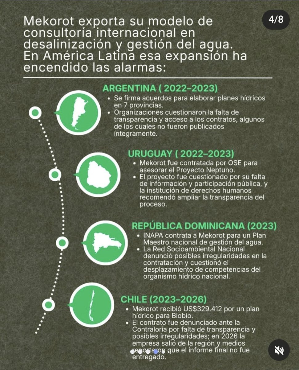 RuraliaUrbana's tweet photo. EL APARTHEID DEL AGUA DESEMBARCA EN COLOMBIA...
DE LA ASFIXIA DE GAZA A LA PRIVATIZACIÓN HÍDRICA EN "LA PATRIA MILAGRO" ??
(Primera parte)

@mekorot_il , la corporación israelí denunciada por convertir el agua en un arma de guerra y su alarmante expansión geopolítica hacia la soberanía ambiental colombiana.

El antecedente Gaza...
Cuando el agua se transforma en arma de guerra !!
Fundada en 1937, la compañía estatal de agua de Israel, Mekorot, se ha consolidado como el pilar operativo del sistema hídrico de dicho país. Administra más de 13.000 kilómetros de tuberías, 23 plantas desalinizadoras, cientos de acuíferos y reservorios estratégicos, y provee aproximadamente el 80% del agua potable en Israel.   

Sin embargo, detrás de la fachada de "eficiencia técnica" y "vanguardia en desalinización", subyace una política donde el acceso al agua se instrumentaliza como un activo estratégico de control territorial, racionamiento y dominación política.  

El 9 de octubre/2023, en el marco del conflicto en la Franja de Gaza, las autoridades israelíes cortaron el flujo de agua a través de las 3 líneas principales de Mekorot que abastecían a la población palestina. Este bloqueo, que en amplias zonas se prolongó por más de 9 meses antes de restablecerse de forma parcial, fue documentado en el informe de Médicos Sin Fronteras (@MSF) titulado "Water as a Weapon: Israel's Destruction and Deprivation of Water and Sanitation in Gaza", el cual denunció abiertamente que la privación y destrucción de la infraestructura de agua y saneamiento constituyen una campaña deliberada de castigo colectivo y uso del agua como arma contra la población civil.   

Esta práctica no es reciente. Desde 1992, informes de la Organización de las Naciones Unidas (@ONU_es) sobre los "Recursos hídricos del territorio palestino ocupado" denunciaron a Mekorot por prácticas calificadas como "apartheid del agua", documentando el desvío sistematicamente ejercido sobre Cisjordania, de donde proviene aproximadamente la mitad del agua que consume Israel. 
  
(Pantallazos referenciales sacados de publicaciones en Instagram)

El patrón latinoamericano... Ocultamiento, opacidad e irregularidades !!
La incursión de Mekorot en América Latina no comenzó en Colombia, pero sigue el mismo patrón de vulneración a la transparencia institucional y pérdida de soberanía ambiental observado en otros países de la región:   

*Argentina (2022–2023): 
Firma de convenios para el diseño de planes hídricos en múltiples provincias. Organizaciones sociales y ambientales cuestionaron severamente la falta de acceso público a los contratos y la opacidad en las negociaciones.   

*Uruguay (2022–2023): 
Contratada por la Administración de las Obras Sanitarias del Estado (OSE) para el polémico Proyecto Neptuno. La Institución Nacional de Derechos Humanos recomendó ampliar la transparencia ante denuncias por falta de participación ciudadana.   

*República Dominicana (2023): 
Contratada por el Instituto Nacional de Aguas Potables y Alcantarillados (INAPA) para un Plan Maestro. La Red Socioambiental Nacional denunció posible desplazamiento de las competencias del organismo hídrico nacional e irregularidades de contratación.   

*Chile (2023–2026): 
Recibió US$ 329.412 para elaborar un plan hídrico en la Región del Biobío. El contrato fue elevado ante la Contraloría por falta de transparencia; para 2026, la empresa abandonó la región sin entregar el informe final contratado. 

La llegada de la corporación israelí Mekorot a Colombia, dado lo expuesto, pone en riesgo nuestra soberanía ambiental. 👀 Con antecedentes de usar el agua como arma en Gaza y contratos opacos en Latinoamérica, su privatización velada amenaza desde el Caribe hasta el Páramo de Sumapaz, y pone en el radar su posible intervención e interés en otros ecosistemas nacionales.
El Agua es un derecho, no un negocio geopolítico ...
(Continúa🧵🧐🔎💧)
@RELE_CIDH
@dw_espanol