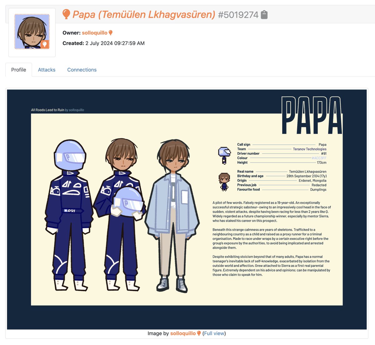DailyMongoliaOC's tweet photo. Mongolian Original Character of The Day №16: Papa (Temüülen Lkhagvasüren) #5019274 by @soyoquiyo 

Short Description (from Art Fight):
✦ The character is a shy young driver with a mature, composed driving style.
✦ Today, September 28, is their birthday! Happy birthday, Papa (Temüülen Lkhagvasüren)!

📌 Character’s Link: https://t.co/a9L7tm7nrX

Reminder: Please read and follow the artist's permissions and guidelines on Art Fight before attacking the character for Art Fight 2027.