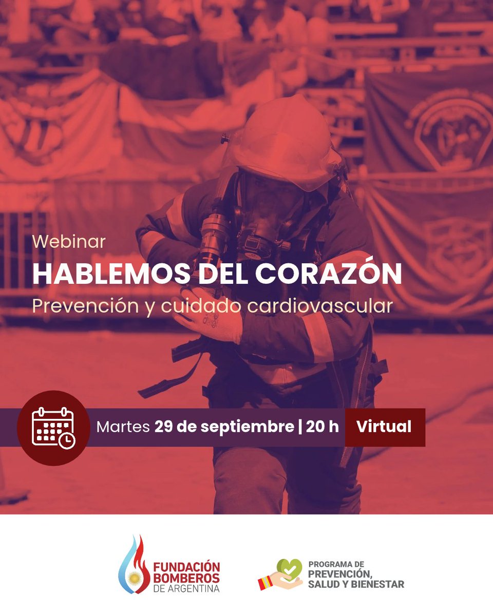 BomberosFund's tweet photo. ❤️ ¿Sabés cómo cuidar tu corazón?

Sumate a esta webinar sobre prevención y cuidado cardiovascular.

¡No te lo pierdas!

📆 Martes 29 de septiembre 🕜 20 h 👨‍💻 Virtual.

👉 Inscribite: https://t.co/PrSC72P6UB 

#FundaciónBomberosdeArgentina #BomberosVoluntarios https://t.co/Lh759X6kFW