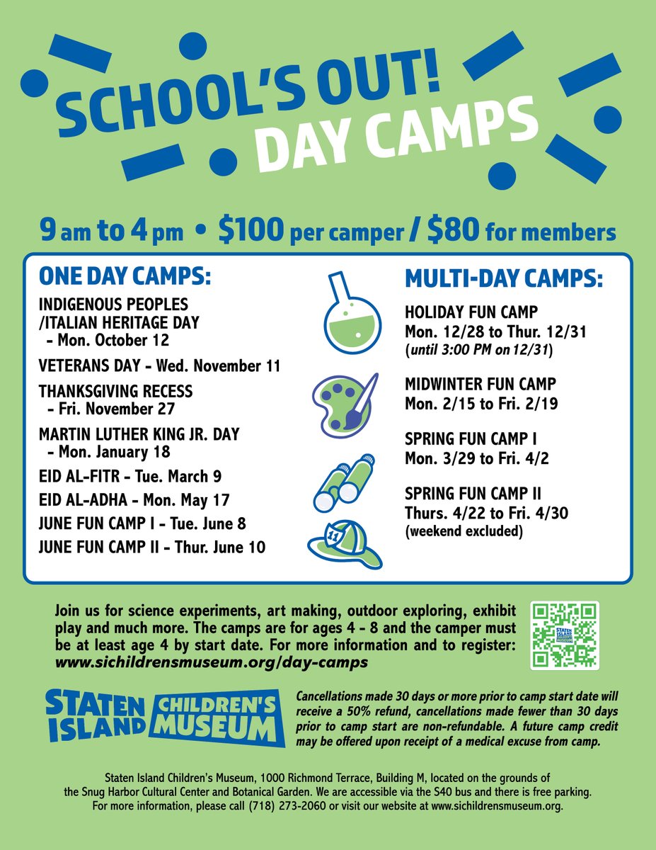 kidsmuseum's tweet photo. 🧪School Break Camps are now open for registration! Our camps are full of science experiments, art making, outdoor play, exhibit time & more! 🎨 Scan the QR code on the flyer to register today!
#schoolbreak #holidaycamp #statenislandmoms #statenislandkids #forkids #kidsactivities https://t.co/RJkOE2xkDc