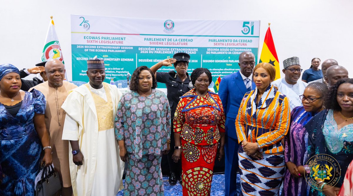 NJOAgyemang's tweet photo. I joined the ECOWAS Parliament in Accra today for the joint opening of its Second Extraordinary Session and Second Parliamentary Seminar of 2026, under the theme “Climate Change as a Driver of Environmental Degradation, Population Displacement and Growing Insecurity in the ECOWAS Region.”

Across West Africa, the effects of climate change are increasingly evident in disrupted livelihoods, displacement, and growing insecurity. These challenges do not respect national borders, and our response should not either.

I therefore emphasised the need for even greater regional cooperation and investment in communities to help them withstand and recover from these pressures. Protecting livelihoods and strengthening food security are development priorities and also essential to peace and stability.

The ECOWAS Parliament has an important role in ensuring that regional integration is felt in the everyday lives of our citizens: in how easily we can move, trade, work, and pursue opportunities across our region.

That commitment to regional integration is deeply rooted in Ghana’s history, from the Pan-African vision of Osagyefo Dr Kwame Nkrumah to the contributions of successive governments. Ghana remains committed to building a more united, integrated and prosperous West Africa.