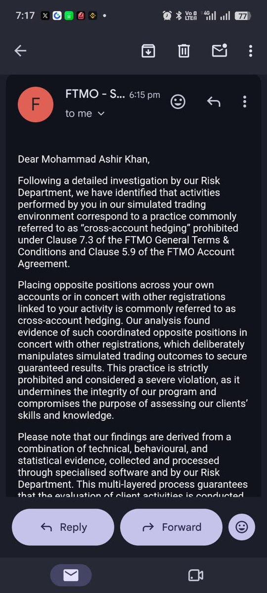 syed51234's tweet photo. 🚨 FTMO — $100K TRADER ACCOUNT TERMINATED AFTER PAYOUT REQUEST
A trader had a $100K FTMO funded account that went down to around $93,000.
Over approximately 1.5 months, the trader recovered the account through risk management and brought the balance back to $100,741.
The trader then requested a payout of approximately $741.
Shortly after the payout request, FTMO disabled and terminated the account, citing “cross-account hedging.”
The trader’s account score was around 96%, and the trader states that risk was generally kept around 1.5% or below, with proper SL management.
The trader had previously received payouts from the same FTMO account.
The trading history is no longer accessible because the account has been terminated and disabled. The trader does, however, have emails confirming previous payouts and the official termination email from FTMO.
We are asking FTMO to provide the specific evidence, trades, timestamps and accounts that led to the cross-account hedging decision.
The goal is transparency and an independent review of the case.
If you cover prop-firm cases, please share/quote this post.
FTMO Account: 421044166
@FTMO_com