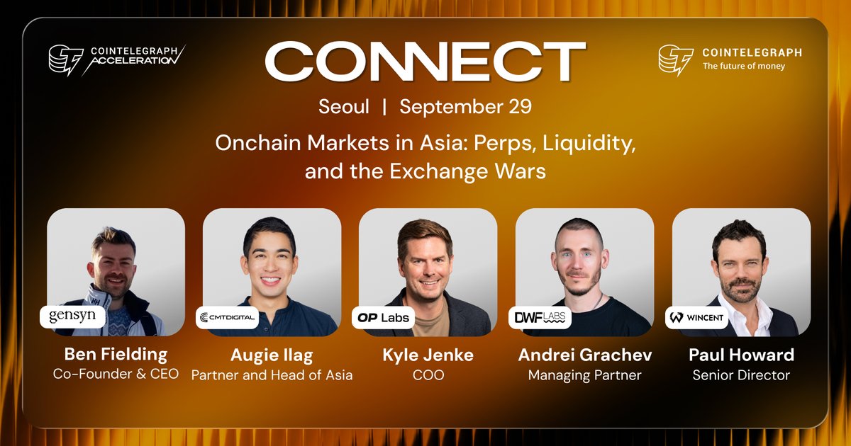 Cointelegraph's tweet photo. Onchain markets are gaining ground across Asia.

At CONNECT Seoul, industry leaders will unpack the rise of perpetuals and shifting liquidity across onchain markets.

• @benfielding, Co-Founder & CEO, @gensynai 
• @AugieIlag, Partner & Head of Asia, @CMT_Digital 
• @kylejenke, COO, @Optimism 
• @ag_dwf, Managing Partner, @DWFLabs 
• Paul Howard, Senior Director, @Wincent_co 

Sept. 29 | Seoul 🇰🇷

Join here: https://t.co/Muulie0PiP