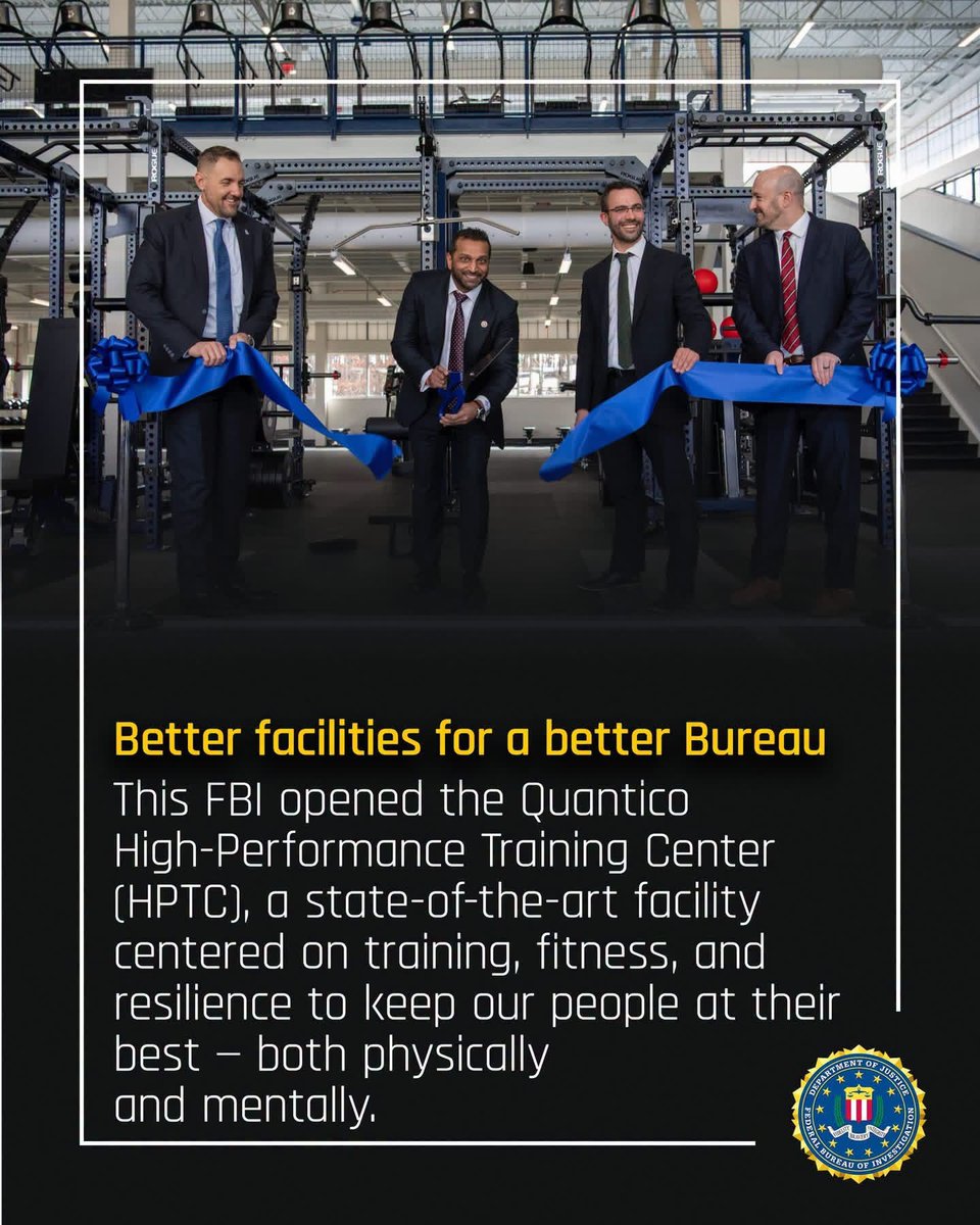 FBIElPaso's tweet photo. More monumental changes to this FBI: Opening the Quantico High-Performance Training Center (HPTC), a state-of-the-art training facility to keep our people at their best-both physically and mentally.

Changes like these keep this FBI doing what we do best: protecting the American people and crushing violent crime at record levels.