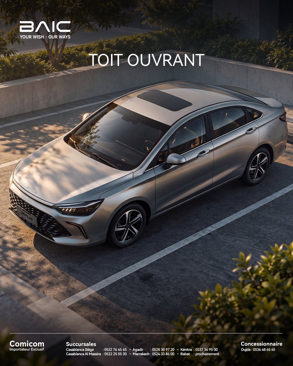 BaicMaroc's tweet photo. La berline BAIC U5 PLUS apporte une touche d’élégance à votre quotidien. Sa silhouette contemporaine et ses technologies embarquées vous accompagnent avec style, à chaque trajet.

#BAIC #U5PLUS#BeBAIC #YourWishOurWays https://t.co/BNuQWvmjHU