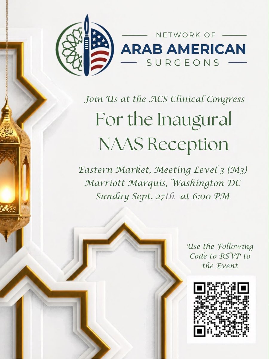 NAASurgeons's tweet photo. Building community, one first at a time!

Join the Network of Arab American Surgeons for our inaugural reception at the ACS Clinical Congress, Sunday Sept 27th, 6:00 PM, Marriott Marquis DC.

#ACSCC26 #NAAS https://t.co/ArrDGUpEd4