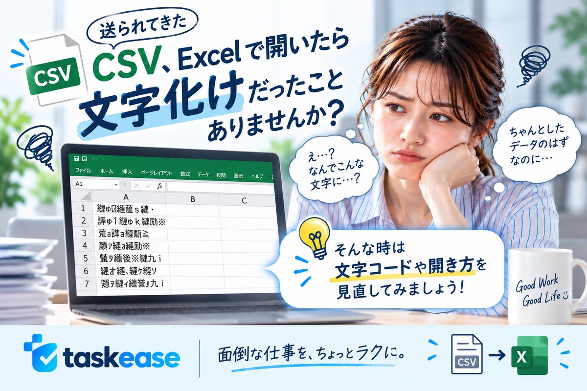 Process_lab01's tweet photo. 送られてきたCSVをExcelで開いたら「文字化けしてる…😇」って経験ありませんか？
原因は文字コードかも。
UTF-8など、文字コードを確認して正しく開くのがポイントです💡
#Taskease #Excel #CSV #文字化け #業務効率化 https://t.co/YufUoiGOnW