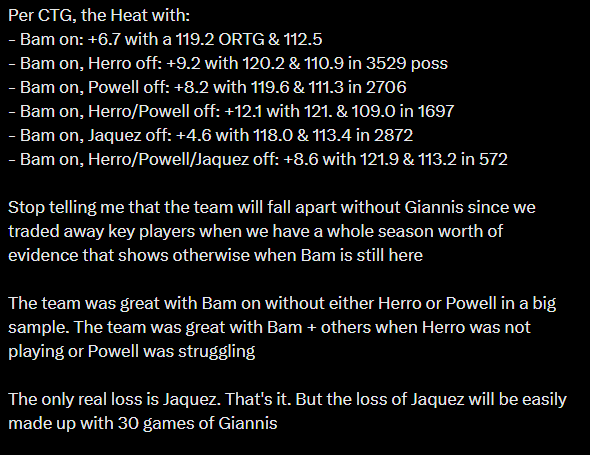 JohnJablonka_'s tweet photo. I claimed my free post with you just for this lol - apologies for the long post + appreciate the shoutout in the article at the end🫡🫡

I think the first "main" reason why we disagree how they're going to look this year because of how low you are on the team from last year in general

They were "mediocre" but were +2.3 net with the 12th Off and 13th Def. This was around the same post ASB, but there was a drop off in the defense(probably a good point about the offense with that pace not being sustainable), but then they had the 4th best offense in that span too

That jumped to +6.7 with Bam on where they had the 7th best Off and 4th best Def. Yes, every team improves with their best player on but that still points to a team being a bit more than medicore if BAM of all people had that effect

You mentioned the Bucks still being dominant when Giannis played but they only had a +4.1 net with Giannis on. So it's either Bam is just that good or the team around him wasn't that bad

The Heat did lose Powell but they were -0.1 with him on and +2.6 without him. Bam/Powell were +2.2 and Bam without him was +6.1. 

This was also a bigger trend as the year went on when Powell's production dropped. From Jan 1st, the Heat were -2.1 with him on and +4.8 without him. He didn't have much effect on player's individual stats. If anything he literally took away usage from every player(outside of Dru) and only improved Wiggins/Ware's efficiency. 

I added a screenshot of the Heat's stats with Bam on minus the players that left

Powell gone is, in his owns words about PG, addition by subtraction

The other people that were gone:
- Herro. They have been better without him in each season. He barely played and wasn't meshing with the team. THJ will 100% be better in that role(as was Duncan over Herro too)
- Ware. A clear big negative(understandable, still young and learning but still a negative)
- Kasp. Under 1k minutes played. I don't think that's enough to see a difference that he's gone
- Jaquez is the only one that was an actual loss

Mentioning about defense with THJ/Klay. The same Heat team that had Duncan/Herro/aging Goran/aging injured Kyle.

Staying on the defense. THIS point made me scream ngl.

"but I also think Bam hasn’t guaranteed an auto-top-ten defense by himself the way Gobert has"

Bam hasn't guaranteed a top 10 defense? Since becoming a starter, the Heat have not ranked lower than 7th in his minutes. They were top 5 in 4 of the seasons. They were literally 4th this season

There's no argument that Bam hasn't established himself as a walking top 10 defense 

+ that argument can also be made for Spo. I know you said you don't want to bank on Spo doing his magic but almost 2 decades worth of history of different level of talent and STILL having a top 10 defense is undeniable. Even post big 3, since 2014, they had 1 season overall worst than 13th. They had more top 5 seasons than below 10

Speaking about Giannis defense. He doesn't have to be All-Defense at all. Giannis standing still is going to be better than Ware or Caleb or Haywood next to Bam. The bar is in absolute hell for what Giannis has to do with Bam there

No arguments against Wiggins part. If anything I'm probably more out on him than anyone. 

I also agree fully about everything with Bam on offense. They are legit concerns and questions that we literally don't know. I have tweeted before that pretty much the ceiling on offensive fit lies entirely on Bam's development

I feel like those are concerning more of their ceiling in the playoffs. Them not having a reliable 2nd scorer(that's not Bam or Wiggins) is my biggest concern

But I'd also argue that they still have provided a bunch of evidence with the Heat being better than just mediocre, not losing out much that mattered in the trade, were just as good as anyone with Bam on, history of being an elite defense and simply Giannis is a top 5 player that should be enough to have them more in a conversation of top 5 than some projecting them being the 9th(!) seed

When having teams like Magic/Hawks above them. Or speaking about the Raptors in a whole different way when they have similar situations and concerns or giving Pacers the complete benefit of the doubt even though we haven't seen Haliburton play basketball since 2025