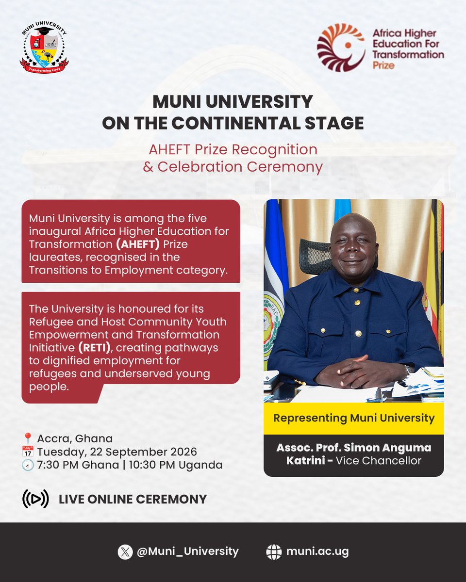 Muni_University's tweet photo. Muni University Takes the Continental Stage at the Africa Higher Education for Transformation (AHEFT) Prize Recognition Ceremony
From Arua to the continental stage, Muni University is taking its place among Africa’s Universities driving higher education transformation. https://t.co/H10QDtWexH