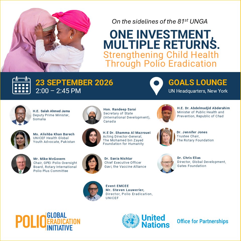 UNICEFpolio's tweet photo. An exceptional line-up of global leaders, health experts &amp; advocates discuss why ending polio matters and the health benefits beyond eradication, for every child.

Watch it live on 23 Sept | 2 PM New York https://t.co/7K6hC9pNUR
#EndPolio https://t.co/gO6D8LSZU7