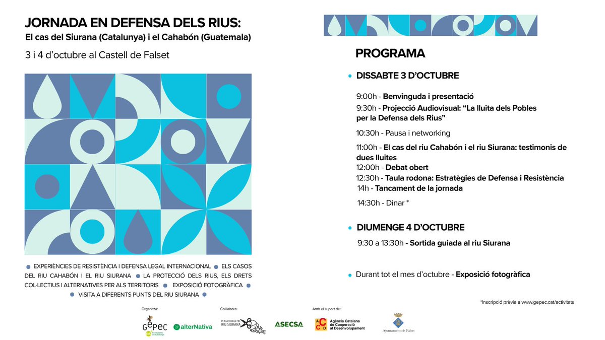 gepecedc's tweet photo. 💧 Jornada en defensa dels rius: el cas del Siurana i el Cahabón 

Una trobada oberta per reflexionar i intercanviar experiències entre les comunitats que defensen el riu Cahabón (Guatemala) i el riu Siurana (Catalunya)

👉 Inscripcions a: https://t.co/h9E2B81o9d https://t.co/Sdr65qN6dj