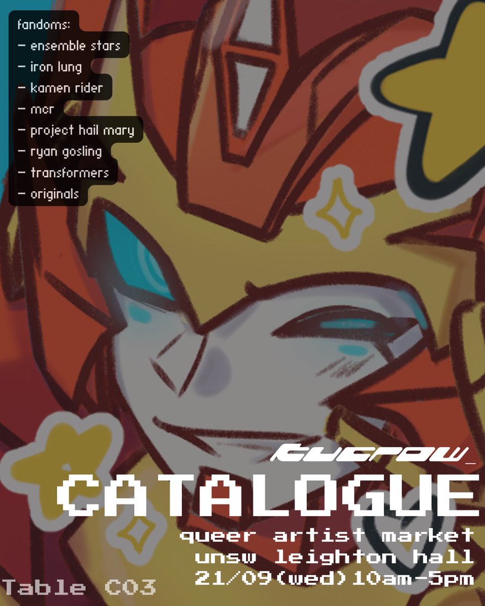 owiehinata's tweet photo. queer artist market catalogue !! (1/2)

🦊🐮 fandoms: enstars, iron lung, kamen rider, mcr, phm, ryan gosling / rgcu, transformers, original stuff

we’ll be at unsw leighton hall from 10am - 5pm today (21/09) pls do come by :) https://t.co/zmhQOfkiHr