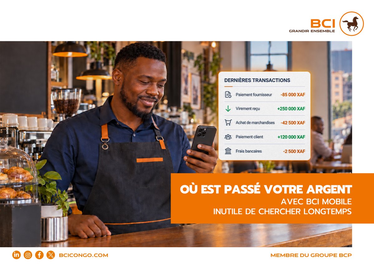 BciCongo's tweet photo. 👉 En quelques clics, consultez l’historique de votre compte, vérifiez vos opérations et gardez un œil sur vos finances, où que vous soyez.

Parce que savoir où va son argent, c’est aussi avoir l’esprit tranquille. 💙

BCI Mobile : votre compte, votre historique, votre tranquillité… en quelques clics.

#BCI #BCIMobile#BanqueMobile#VotreBanqueAuQuotidien#Simplicité #Tranquillité