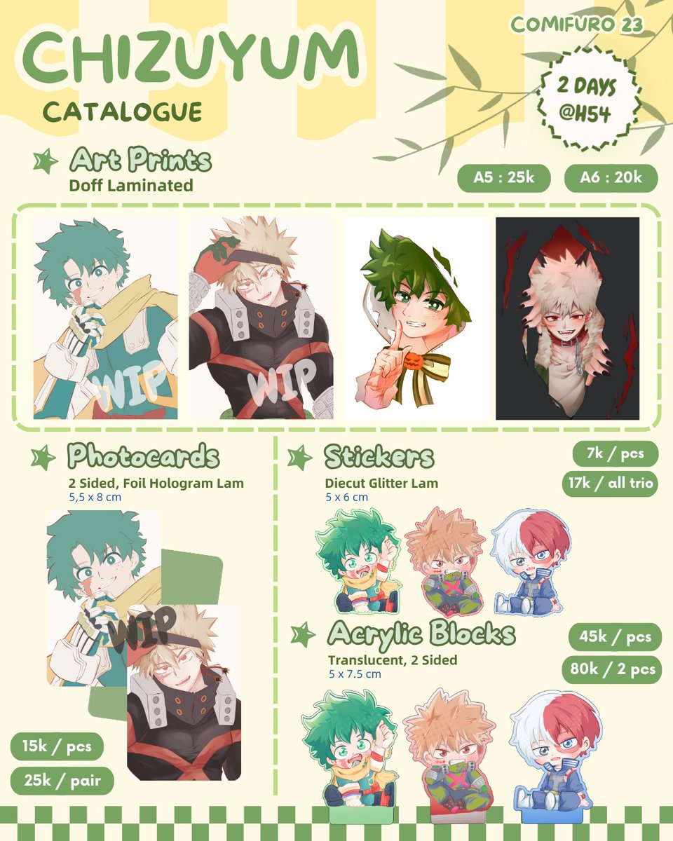 Chizuyum's tweet photo. [💚🔁 are very appreciated]

Chizuyum's #CF23 PO is finally here!!

📍 Pick Up @ ICE BSD (Table H54)
📅 31 Oct - 1 Nov
🛒 PO period: 22 Sept - 26 Sept
✨ MHA, JJK, Apothecary Diaries

Link below ↓

#comifuro23 #cf23catalogue
[1/2] https://t.co/DlUfiv5z3m