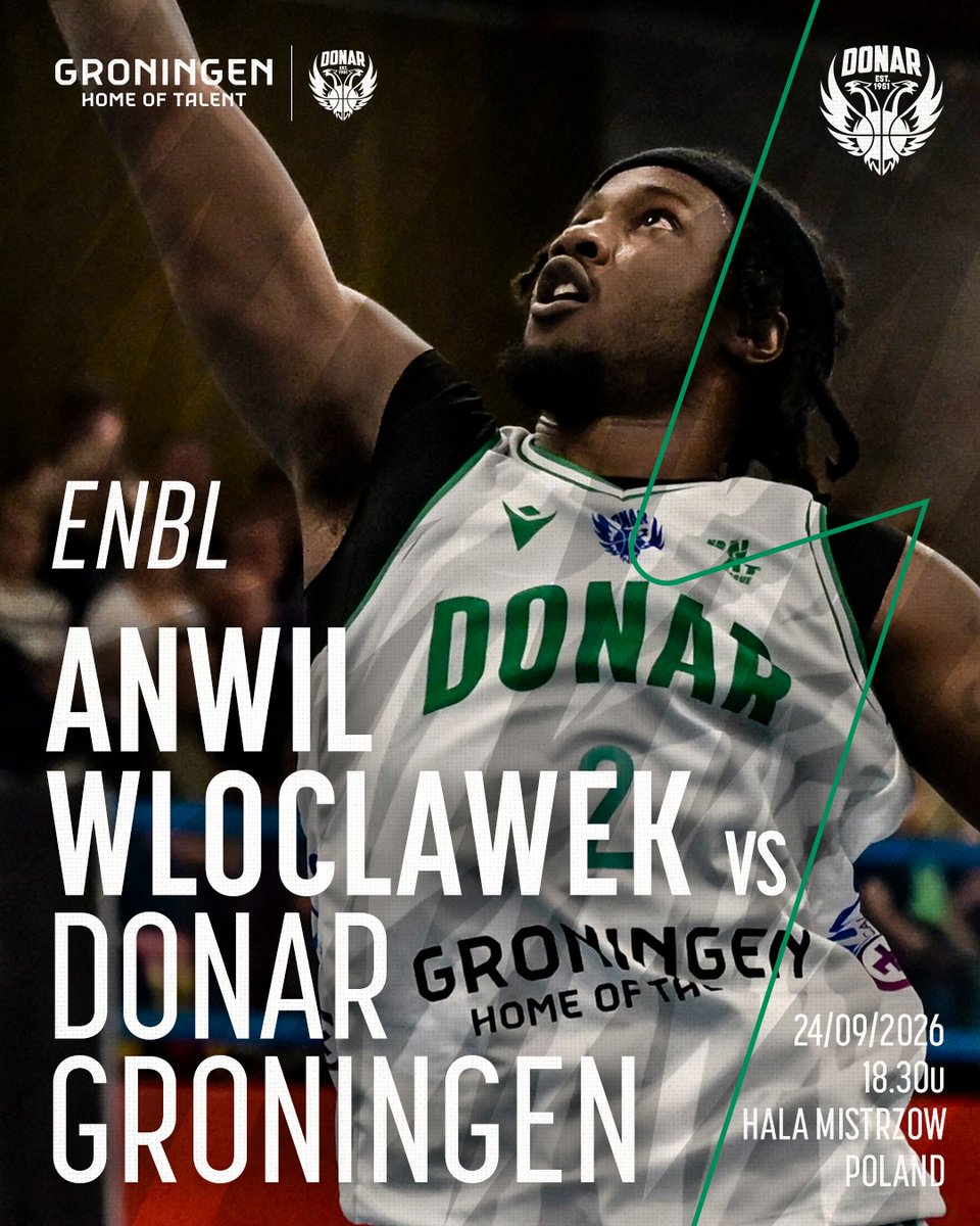 Donar_Official's tweet photo. Het Europese seizoen gaat beginnen! Donderdag spelen we in Polen tegen Anwil Wloclawek, de ENBL kampioen uit 2022.

De wedstrijd is te volgen op het YouTube kanaal van de ENBL 📺 https://t.co/mpuOiXKLM2