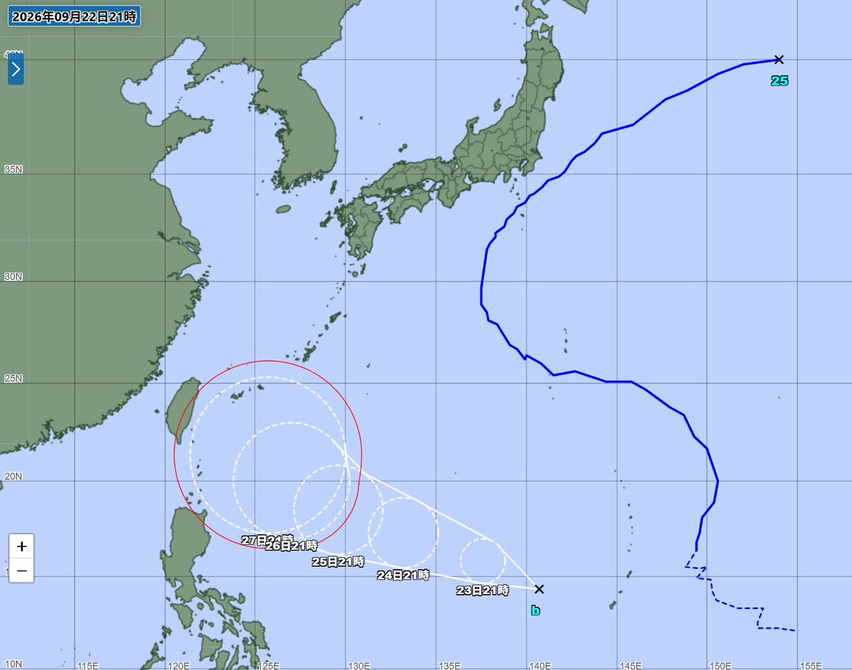 TRCatYNU's tweet photo. 【台風のバトンタッチ？】22日21時、#台風25号 は日本の東の海上で温帯低気圧に変わりました。接近前から日本付近に湿った空気を送り続け、最接近の21日を中心に各地に被害をもたらしました。かわって、日本の南では熱帯低気圧が24時間以内に台風になる予想。このまま発生すると #台風26号 です。 https://t.co/jBNq8n782b
