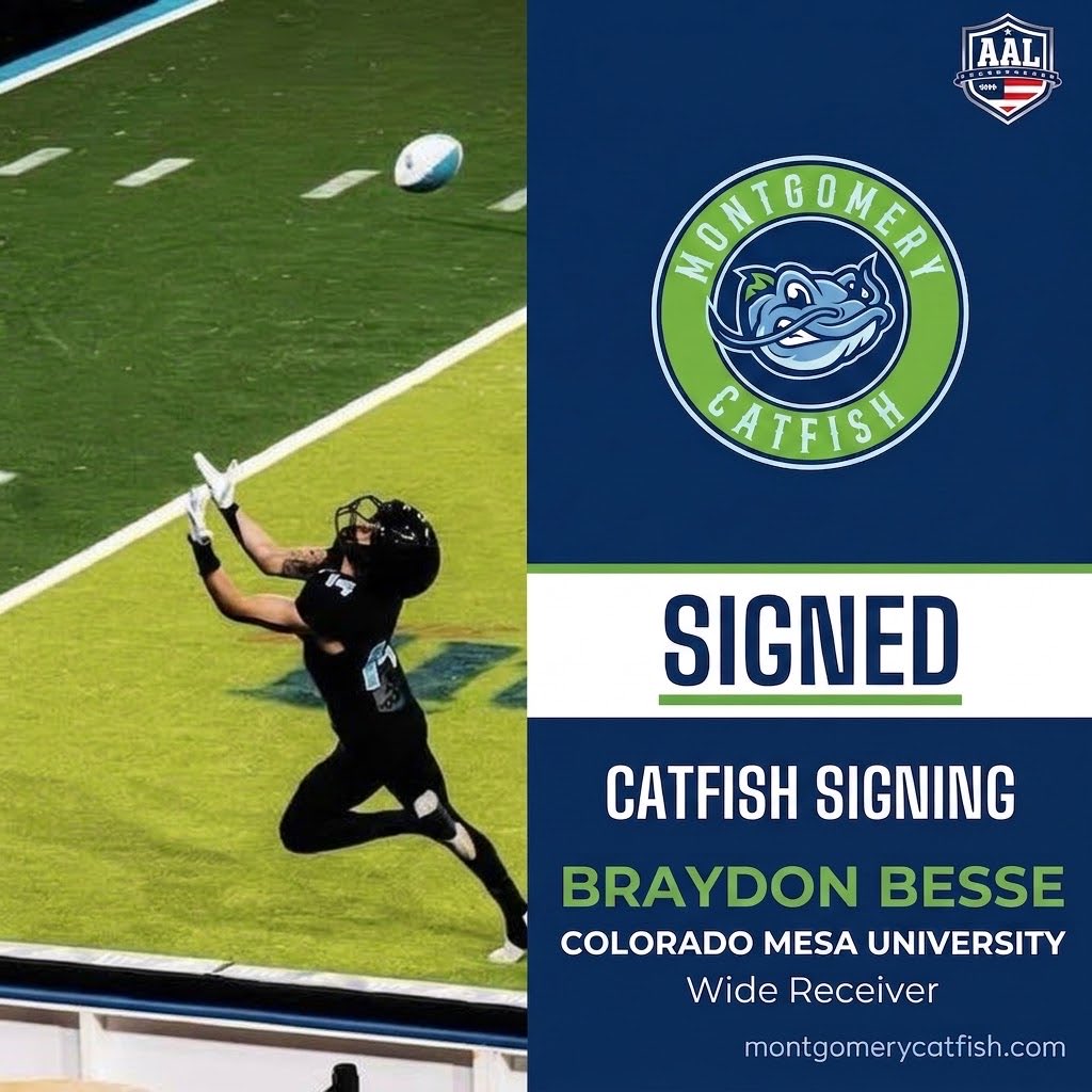 catfisharenafb's tweet photo. WELCOME TO MONTGOMERY, BRAYDON BESSE! 🐟

We are excited to announce WR Braydon Besse!

Besse comes to Montgomery after time with the Iowa Woo. Before breaking into indoor football, he showed out at Independence Community College and Colorado-Mesa. https://t.co/Y99mFoQbOS