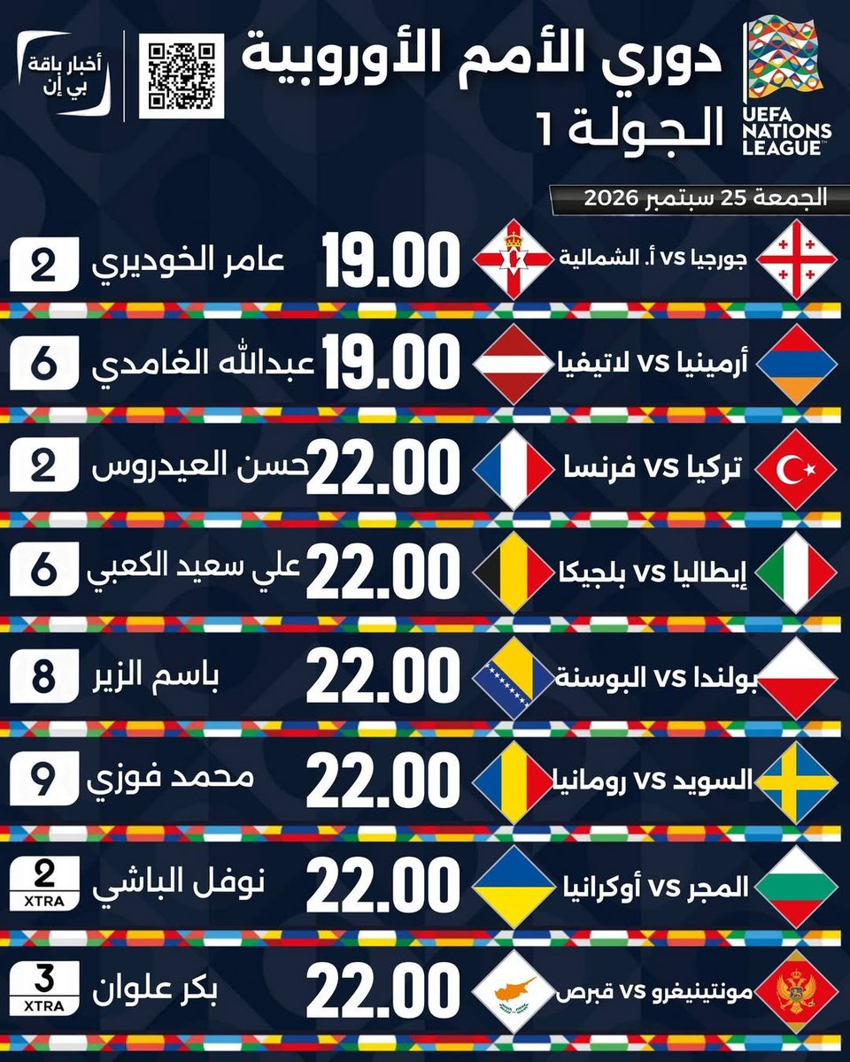 AlmarsadSports's tweet photo. 🎙️ جدول معلقي مباريات دوري الأمم الأوروبية ليوم الخميس و الجمعة مباشرةً و حصرياً على قنوات بي إن سبورت https://t.co/jZXlE0ndTz
