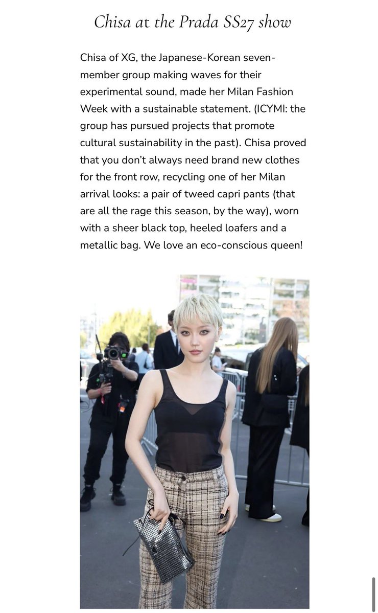 XG_Chart's tweet photo. CHISA has been named as having the best celebrity style at Fashion Week Spring/Summer 2027.

No Manners Magazine names CHISA an eco-conscious queen!

🔗 https://t.co/x6RSRavfIE

#XG #CHISA @XGOfficial_ https://t.co/qIoJexdunI