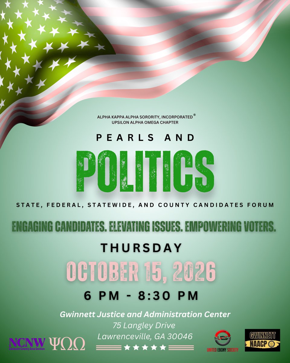 AKAinGwinnett's tweet photo. Join us on for our Pearls &amp; Politics Candidate Forum: an opportunity to hear directly from candidates, learn more about the issues impacting our communities, and make informed decisions at the ballot box.

#Empower08
#AKA1908 #VoteReady #AKAChampion https://t.co/fZq1HebfIi
