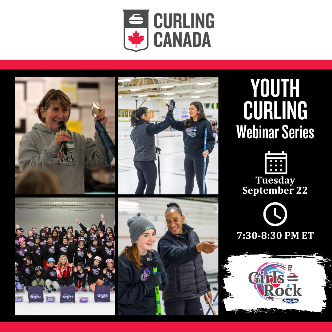 CurlingCanada's tweet photo. LAST CALL 📣

Interested in growing the game for girls through strong female leadership? Don't miss this webinar!

Discover how Girls Rock, presented by Scotties is helping clubs across Canada grow participation among girls.

Learn about the program resources, club funding opportunities, and proven tips for delivering a fun, safe, and welcoming event that introduces girls aged 9–16 to curling.

📅 | Tuesday, September 22
🕢 | 7:30 p.m. ET

Register now ➡️ https://t.co/vVDP8LFBOd