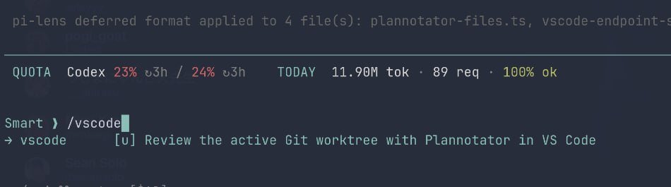 neetsuyu's tweet photo. @pidotdev Remaining quota display widget, plannotator review in vscode + herdr orchestration. https://t.co/NOz6K52DOr