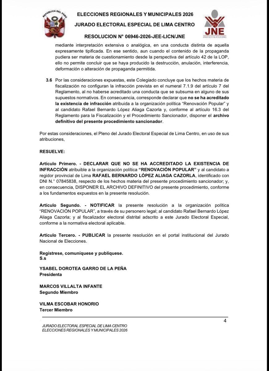Ojo_Publico's tweet photo. 🚨 Jurado Electoral Especial de Lima Centro falla a favor de Rafael López Aliaga. A través de una resolución, declaran que "no se ha acreditado la existencia de infracción" por la propaganda de Renovación Popular con la frase "Porky ¡Vuelve! Alcalde de Lima" 🧵 https://t.co/AwiUhYuhe6