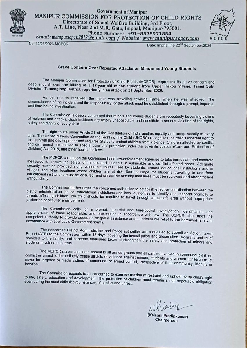 Hoineo_Baite's tweet photo. Does Manipur govt. really thinks Kukis are fools? What’s this nonsense bias commission for? Only for Non-Kuki children? Why are you ppl so shameless? Where was this commission when NSCN(M) terrorists shot this CHILD mercilessly? Fuck off to Kuki MLAs/CSOs who keep licking boots. https://t.co/AiJwdbUcJ1