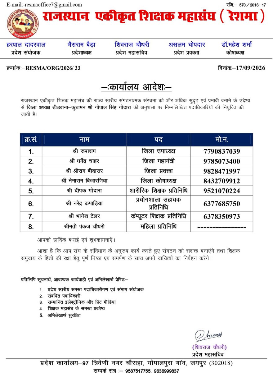 JATbera1's tweet photo. राजस्थान एकीकृत शिक्षक महासंघ (@RESMA_7) के नवगठित जिला ‘डीडवाना-कुचामन’ कार्यकारिणी की बधाई 🎉 🙏 
@JATbera1  
@Dadarwal7 
@ShivRajJat_
@AslamChopdar11
@maheshrudransh https://t.co/FMsivwADxo