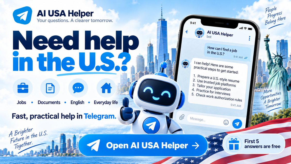 NSpass79's tweet photo. Need help with jobs, documents, English or everyday life in the U.S.?
AI USA Helper gives clear, practical answers in Telegram.
🎁 First 5 AI answers are free:
https://t.co/EdsbFl84c1

#AI #USA #Telegram https://t.co/gq21aacWpd