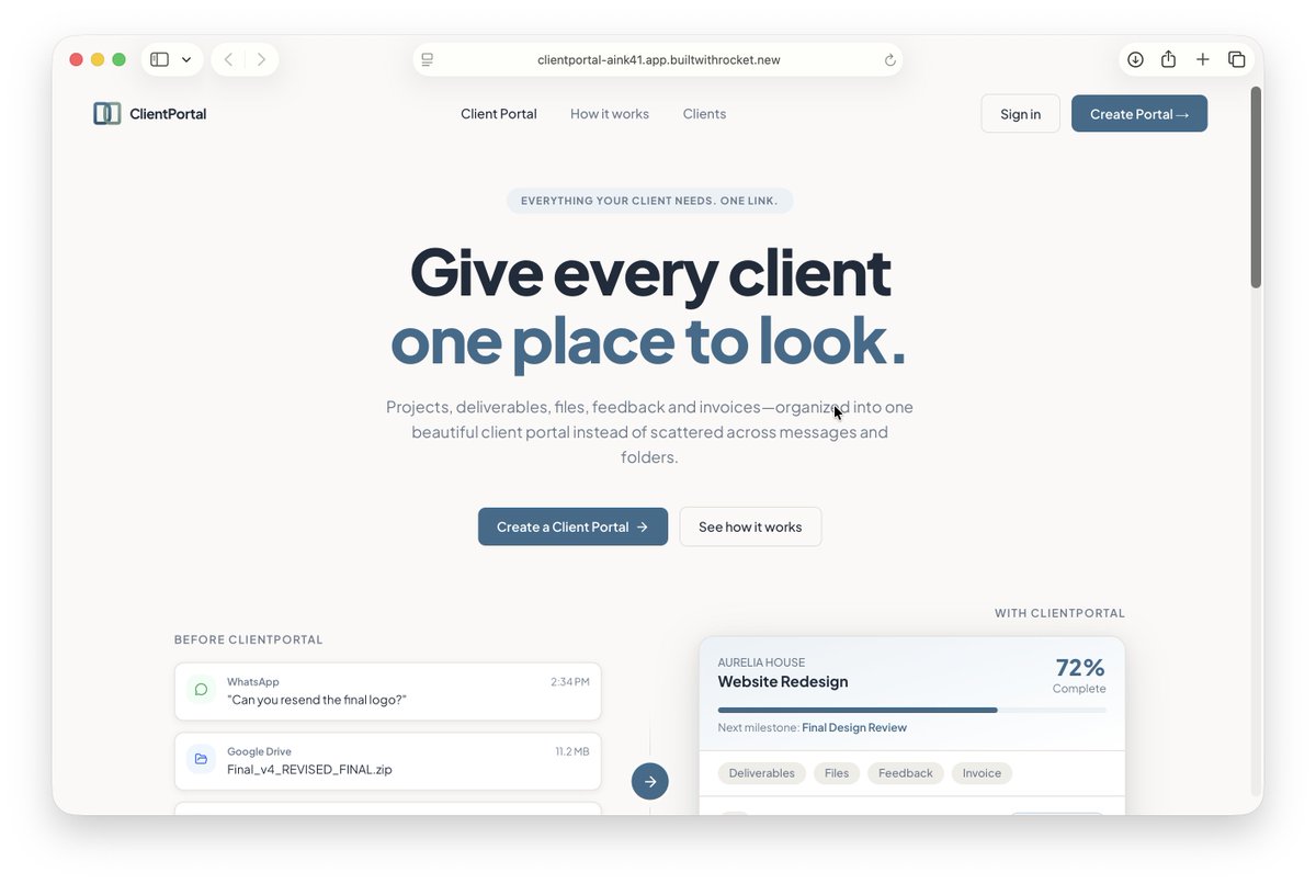 tec_sany's tweet photo. Managing a single client shouldn’t mean managing five different tools.

WhatsApp for communication.
Drive for files.
Email for updates.
Invoices somewhere else.

Everything gets scattered, and keeping track of it all becomes a headache.

Meet Client Portal — one place to manage your client work from start to finish, built on @rocketdotnew