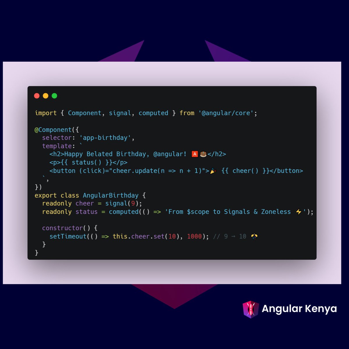 angular_kenya's tweet photo. Last week marked another incredible year of @angular! 🅰️✨

From the early days to Signals, zoneless, and modern web performance, the journey has been nothing short of transformative. Grateful for the framework and the global community building the future of the web every single day.

Happy belated birthday, Angular! Here’s to many more breakthroughs.🚀
#AngularKenya #Angular