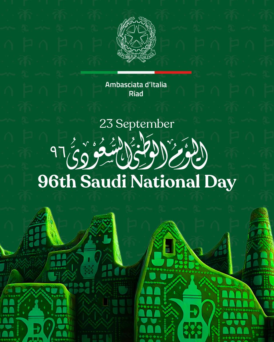 ItalyinKSA's tweet photo. The Embassy of Italy extends its warmest wishes to the Leadership, Government &amp; people of Saudi Arabia on the occasion of the 96th National Day, celebrating the enduring bonds of friendship &amp; cooperation between our two nations 🇮🇹🤝🇸🇦 
#SaudiNationalDay
#اليوم_الوطني_السعودي_٩٦ https://t.co/jfZG4vNCc0