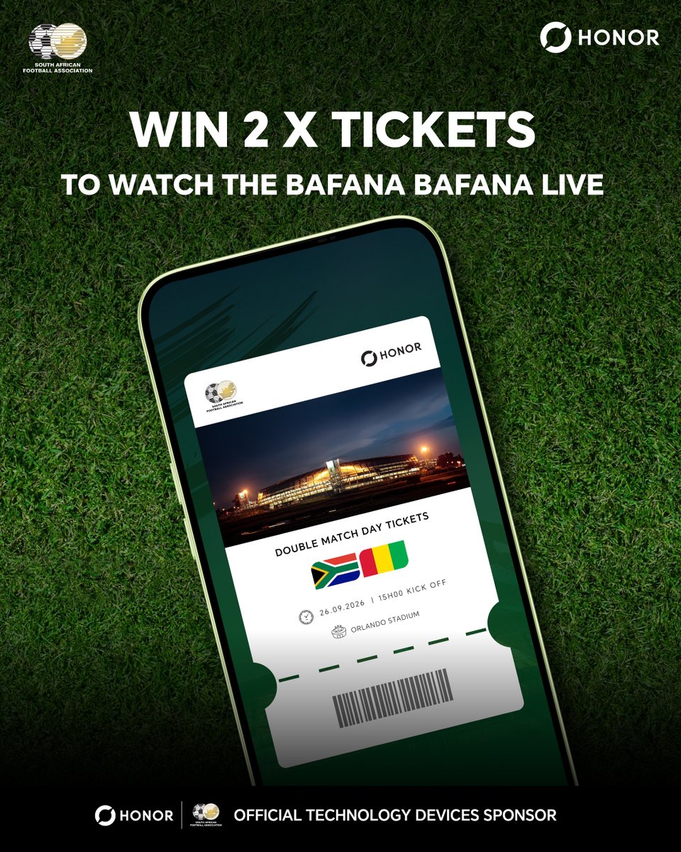 HonorAfrica's tweet photo. STAND A CHANCE TO WIN GENERAL ACCESS TICKETS 🎟️

Watch Bafana Bafana live on the 26th of September at Orlando Stadium 🏟️

To enter:
1️⃣ Tag a friend you'd want to enjoy it with in the comments 👥
2️⃣ Follow us ✅
3️⃣ Use the hashtag #HONORXBafanaBafana

⚠️ Winners must be based in Johannesburg

Good luck! 🤞