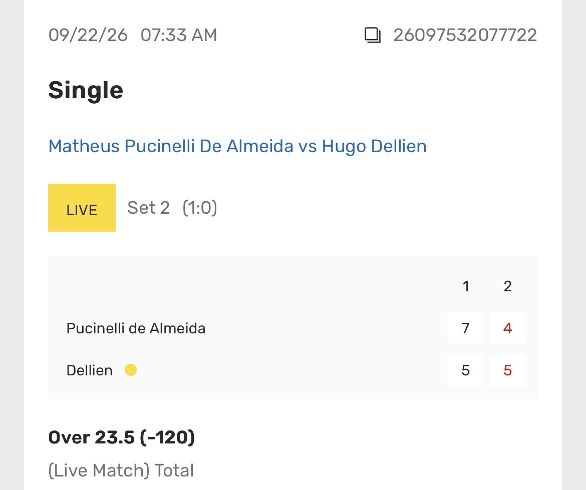 ReturnOfTheBigA's tweet photo. Cash the first live bet of the day, dropping San Diego challenger card shortly 

2U live Almeida Dellien over 23.5 -120 ✅ https://t.co/0n3esIRPWj