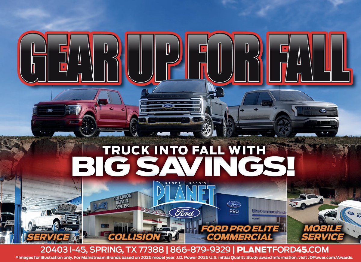 PlanetFord45's tweet photo. Time to #GearUpForFall at #PlanetFord in #Spring. Whether you are looking for a new #Ford, #PreOwned, #Service, #Parts, #Customization or #Commercial Services, our award-winning team is here to help! Visit us on I-45 or https://t.co/gQlAbSY4vl for #Fall savings! https://t.co/Hv1bKtLEMl