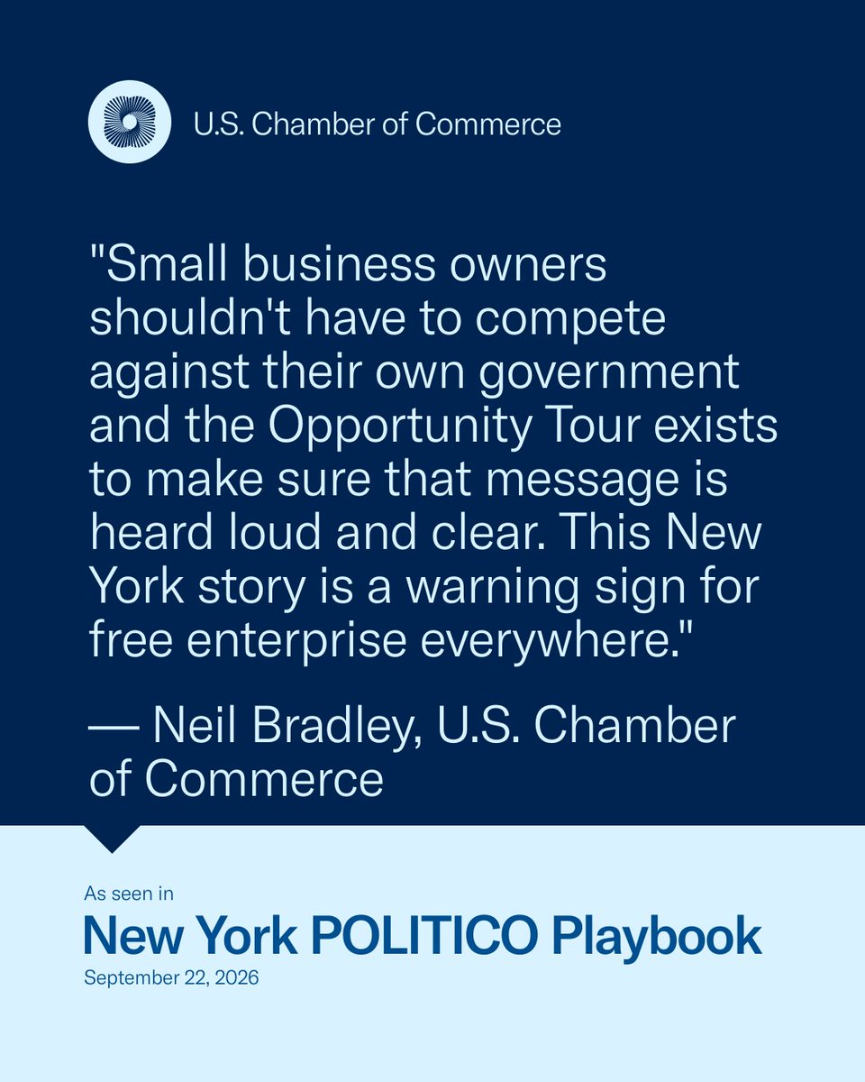 USChamber's tweet photo. Today on the #FreeEnterpriseExpress Opportunity Tour, we’ll hear directly from a New York bodega owner about how proposed government-owned grocery stores would use taxpayer dollars to undercut the very neighborhood businesses that have served communities for generations.
Read more about this New York stop in @Politico Playbook New York: 🔗 https://t.co/xgXgApyCqO