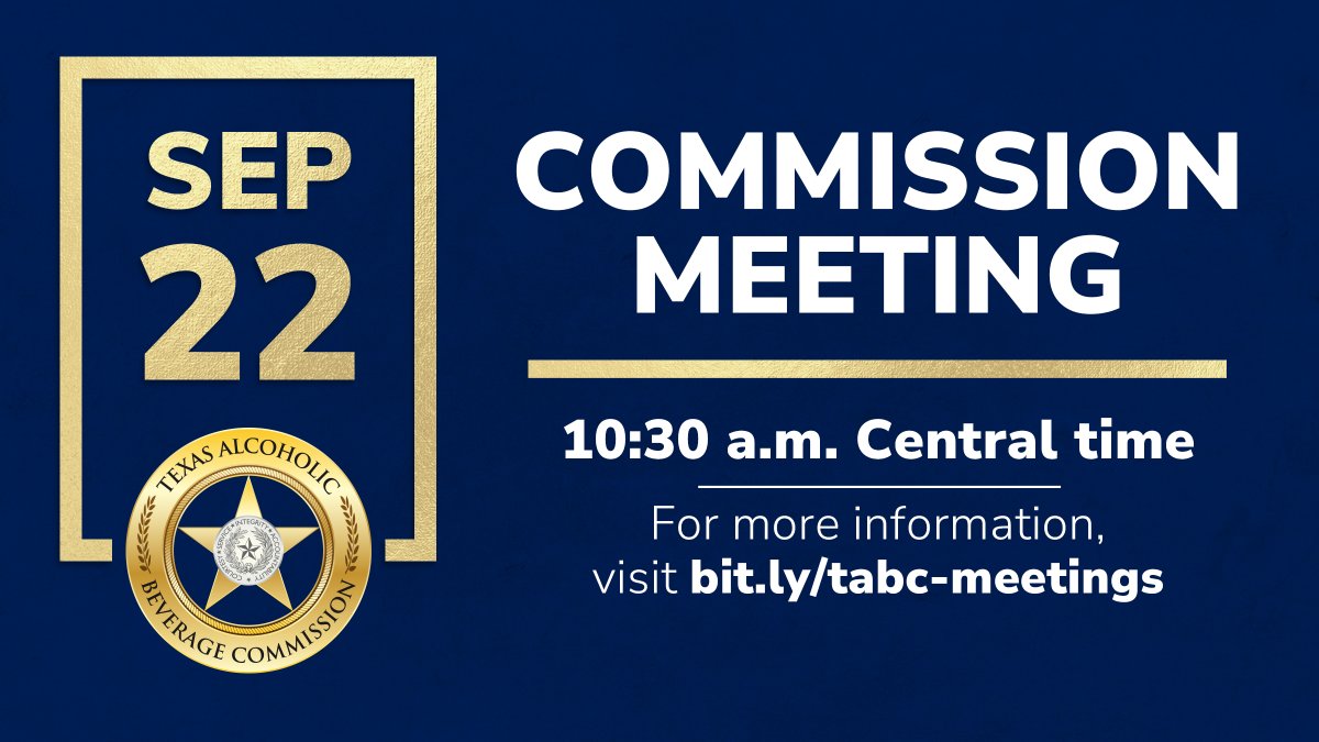 TexasABC's tweet photo. Reminder: The next Texas Alcoholic Beverage Commission meeting is about to start. Watch it online and learn more about TABC meetings: https://t.co/HLKaH2f8l3

View the meeting agenda: https://t.co/GwufNrCwQW https://t.co/WrI5WYKyq5