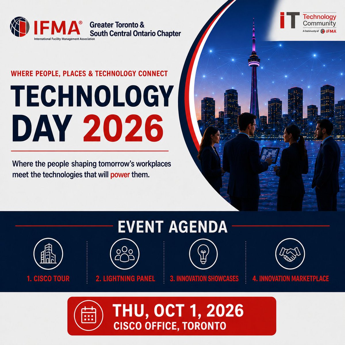 IFMAToronto1's tweet photo. One event, multiple ways to explore what’s next: a Cisco tour, a lightning panel, innovation showcases, and an Innovation Marketplace. Join us Oct. 1. Register: https://t.co/0AqVnMCrVg 

#TechnologyDay2026 #IFMAToronto #FacilityManagement #WorkplaceTechnology https://t.co/z72H8NmJWn