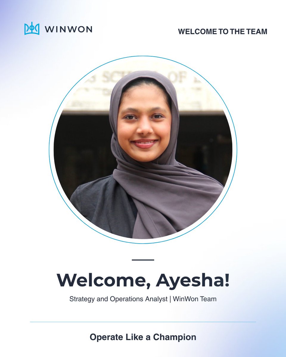 WinWonTech's tweet photo. A new addition to the WinWon team! 👋

Welcome, Ayesha! We’re excited to have you on board as our new Strategy &amp; Operations Analyst. Here’s to what’s ahead! 🚀

#OperateLikeAChampion https://t.co/hdAYeYrtFZ