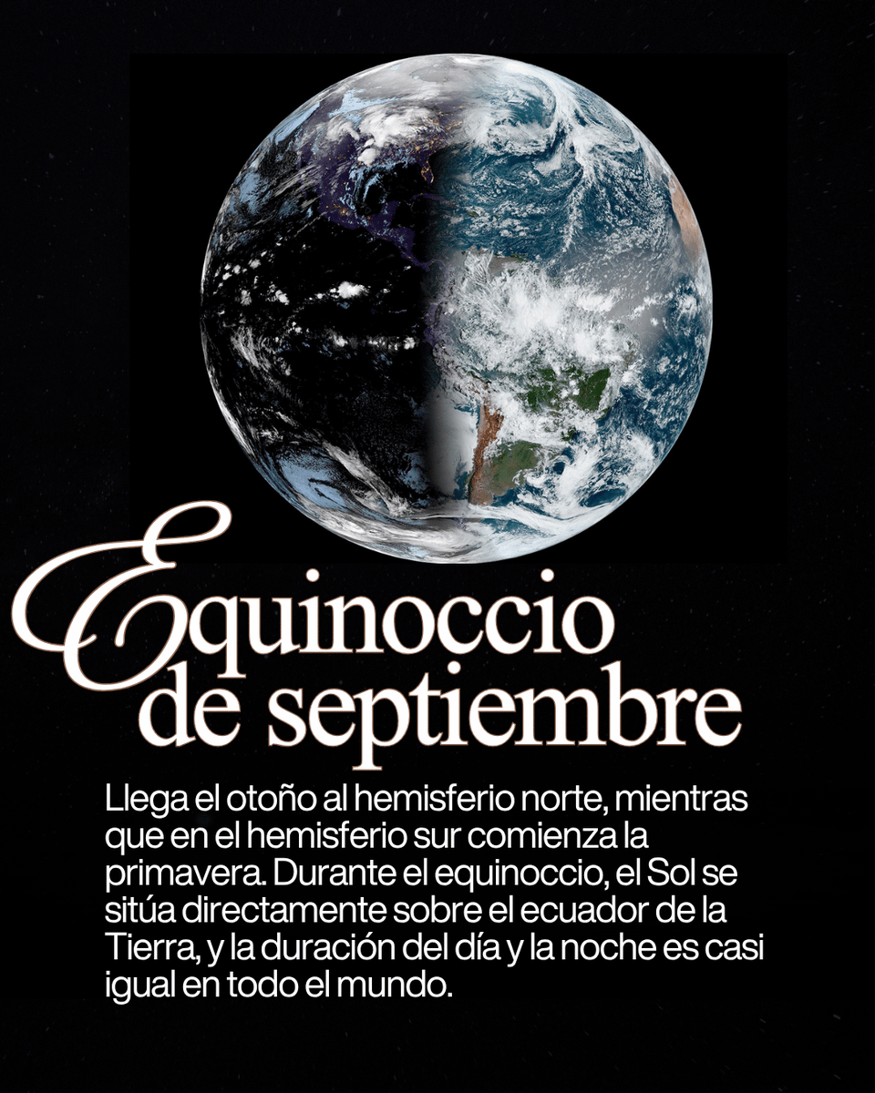 NASA_es's tweet photo. Este 22 de septiembre, el equinoccio trae el otoño y la primavera: a partir de ahora, los días se harán más cortos en el hemisferio norte y más largos en el hemisferio sur. 

Descubre más eventos astronómicos del mes: https://t.co/Ll3i77wyJa https://t.co/Tm0DNLxkkb